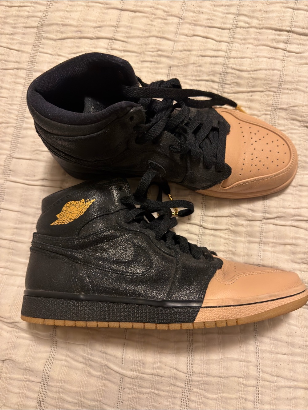 Jordan women’s High-Top Sneakers in Black and Tan with Gold Logo